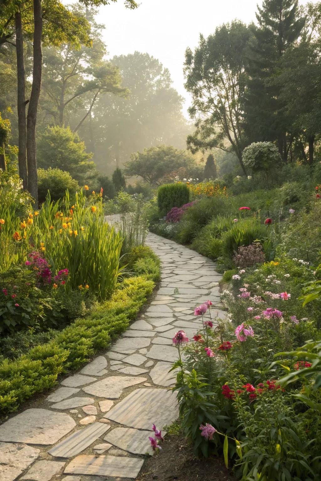 A natural stone pathway guiding you through a serene garden environment.