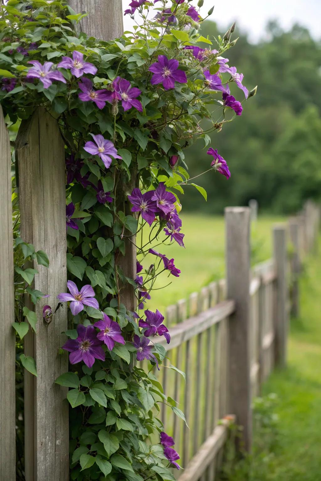 Clematis vines bring vertical sophistication and color to fence lines.