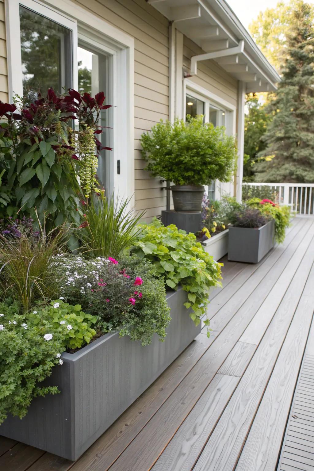 Planters full of greenery make the porch feel more welcoming.