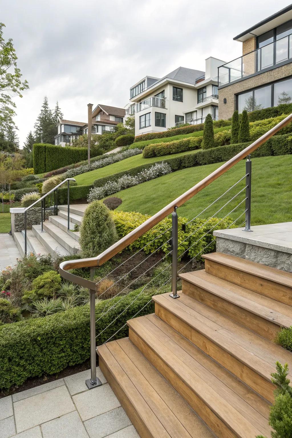 The combination of wood and metal results in a stylishly contrasting handrail design.