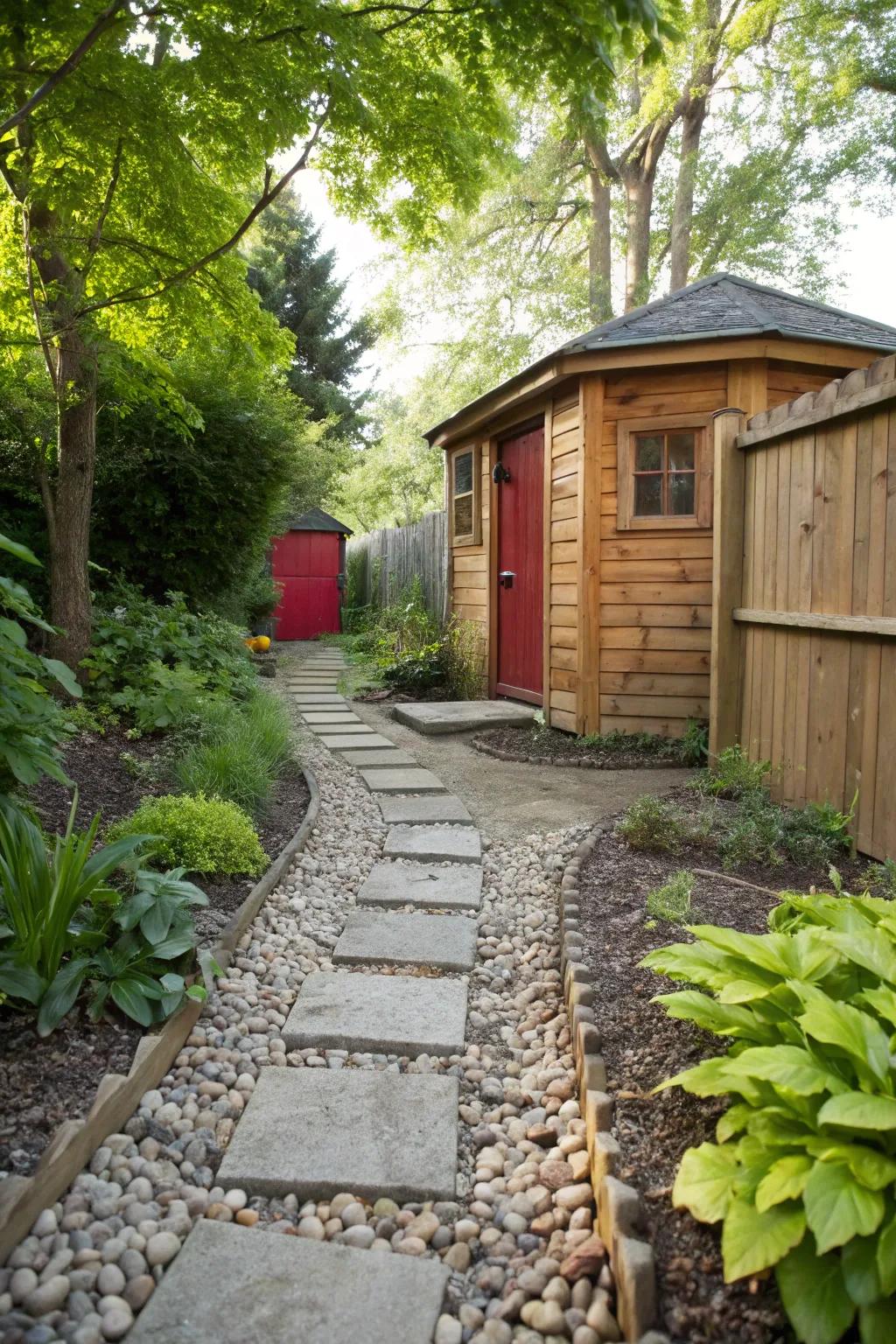 A paved walkway enhances both the visual appeal and practicality of your shed area.