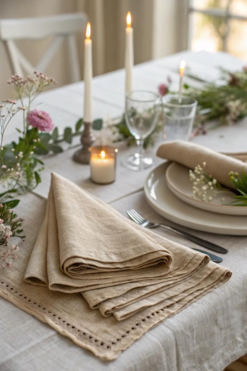 Earth-inspired linen textiles infuse the table with warmth and texture.