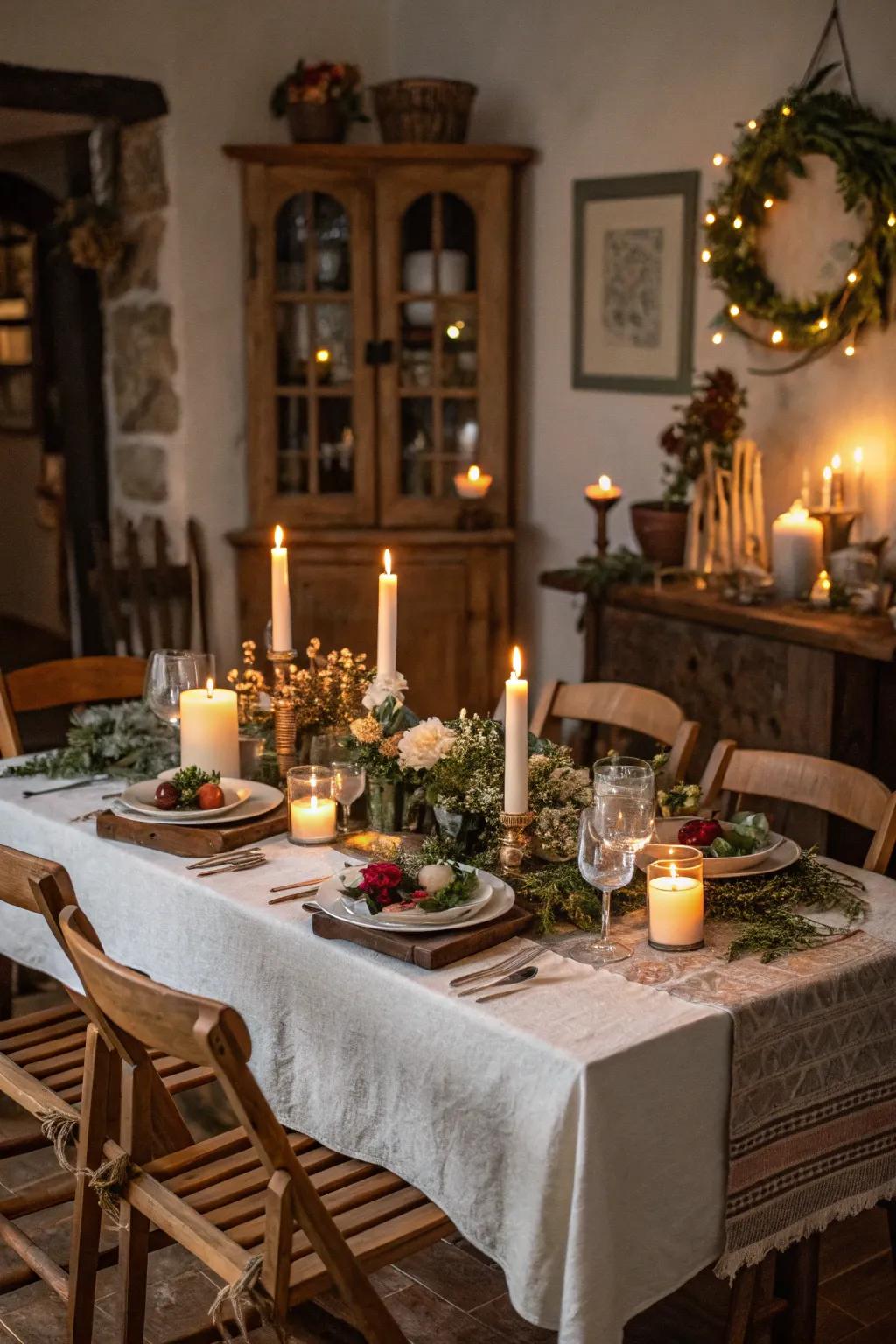 Wax lights establishing a comforting ambiance on a rustic table.