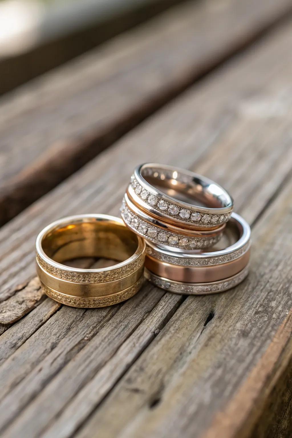 An artistic arrangement of combination rings in varied metals.
