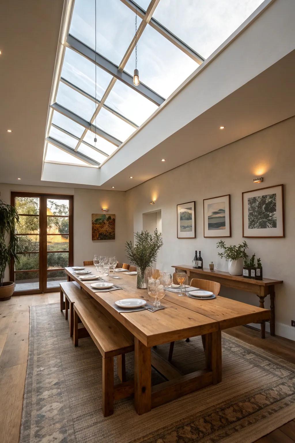 A dining room elevated by the delicate glow of a skylight.