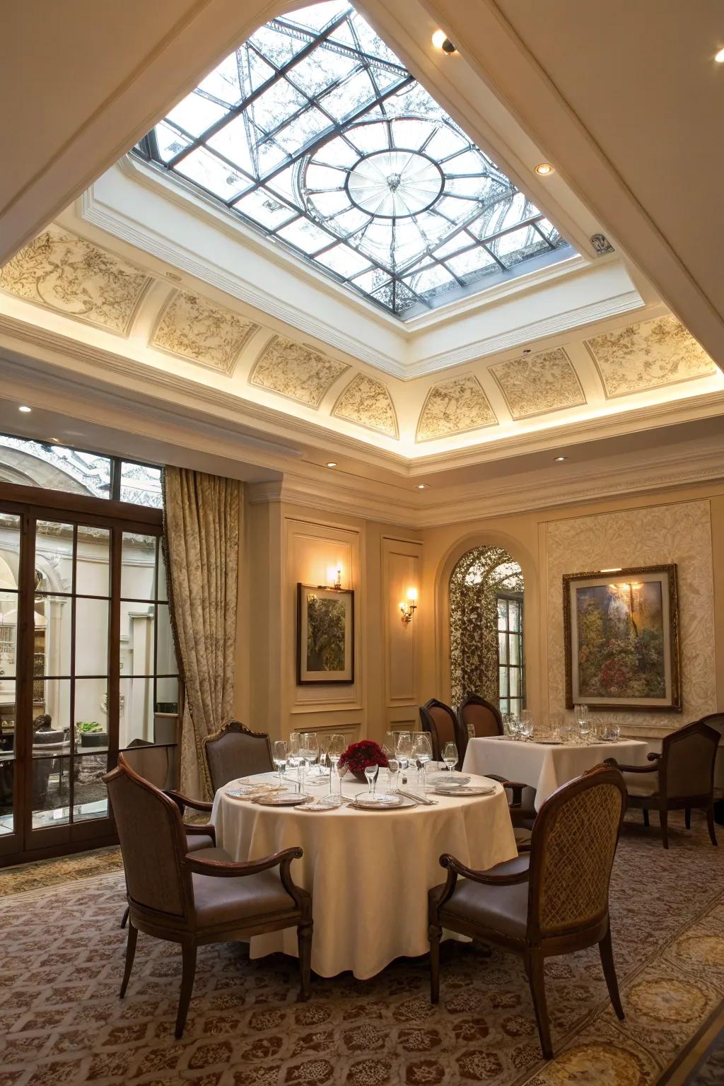 A classy dining space featuring a skylight framed using decorative shaping.