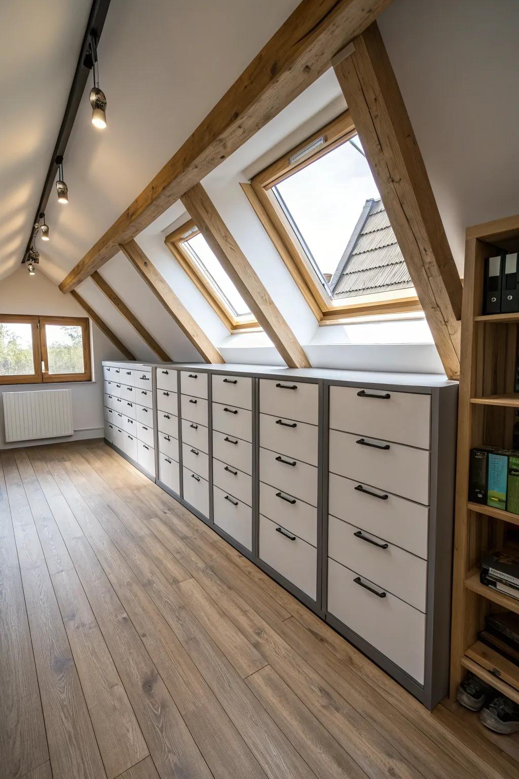 Drawer units blend effortlessly against sloping walls for orderly storage.