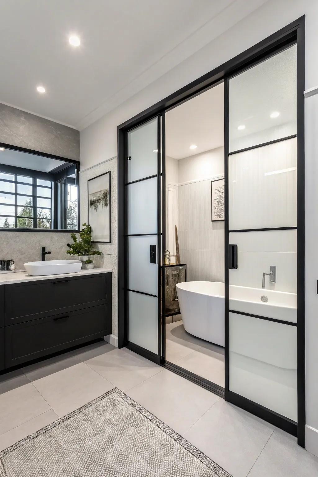 A minimalist black and white sliding door brings sleek sophistication to this bathroom.