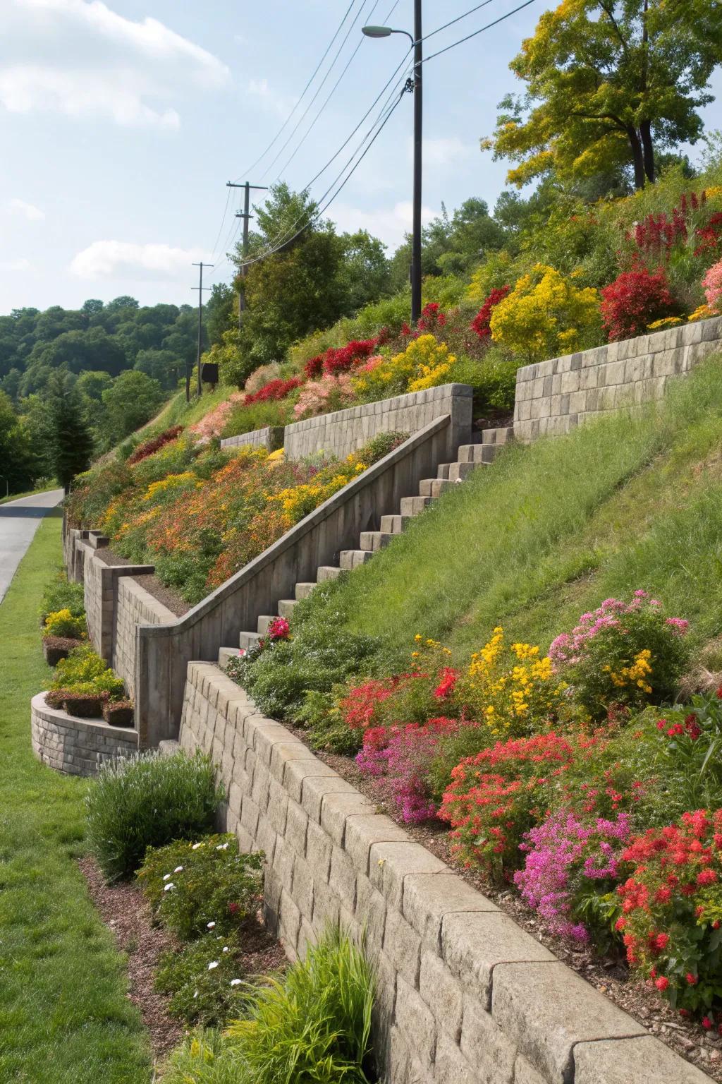Retaining walls contribute stability and charm to this hillside garden.