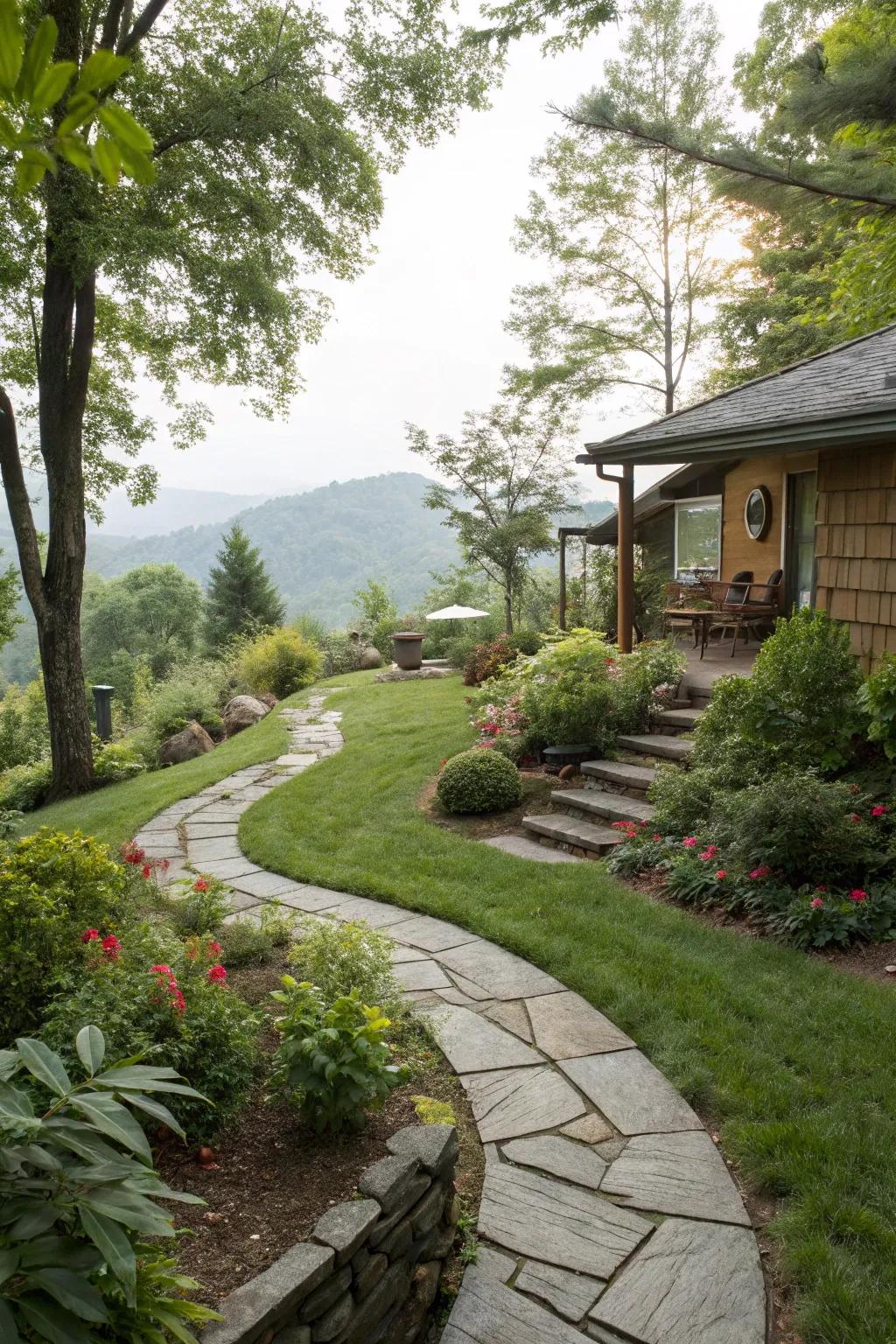 Pathways guide guests through the beauty of your sloped garden.