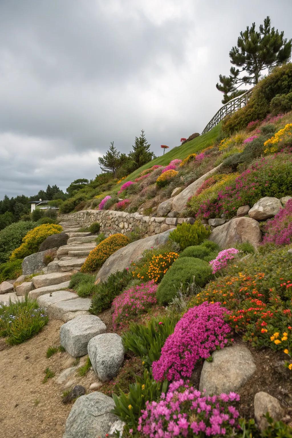 Vibrant flowers introduce energy to a sloped rock garden.