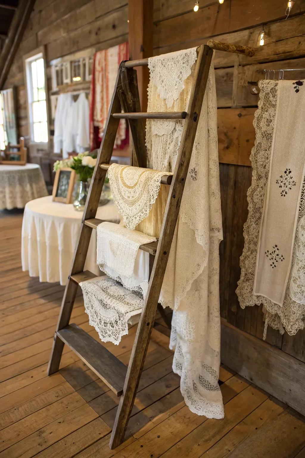 Historic stepladder employed as a displaying frame for embroidered fabrics