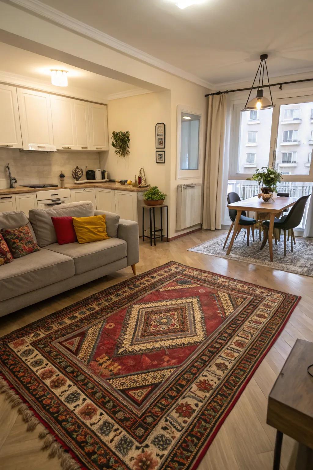 A decorative rug helps to separate living and dining areas in a studio apartment.