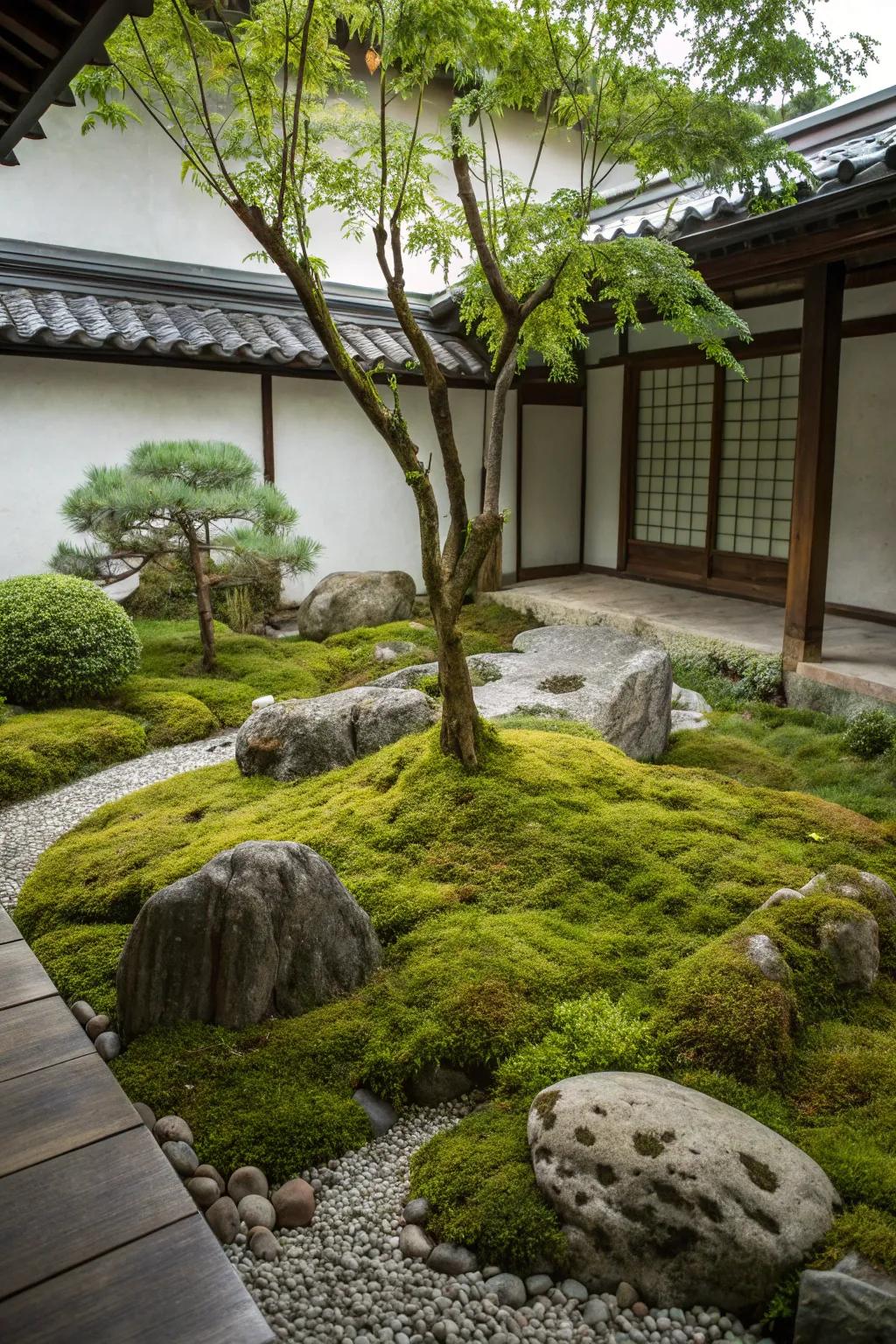 A serene zen garden with a rich verdant covering bordered by stones and a small tree.