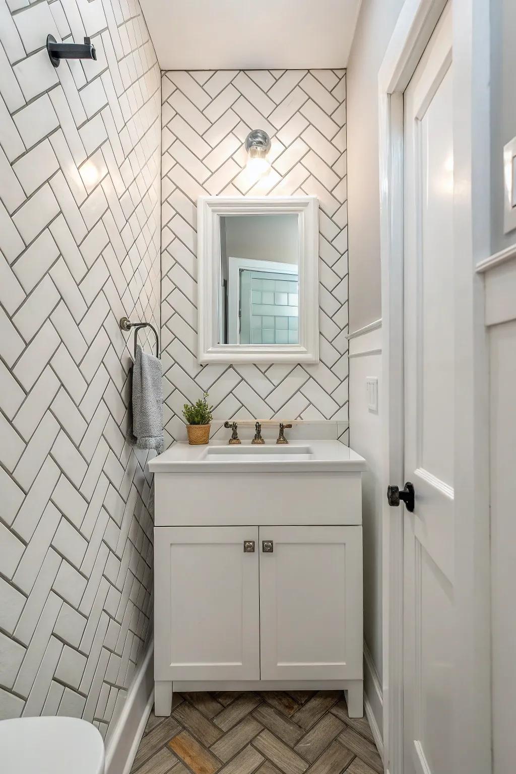 Brick-style tiles in a herringbone arrangement exude classic charm.