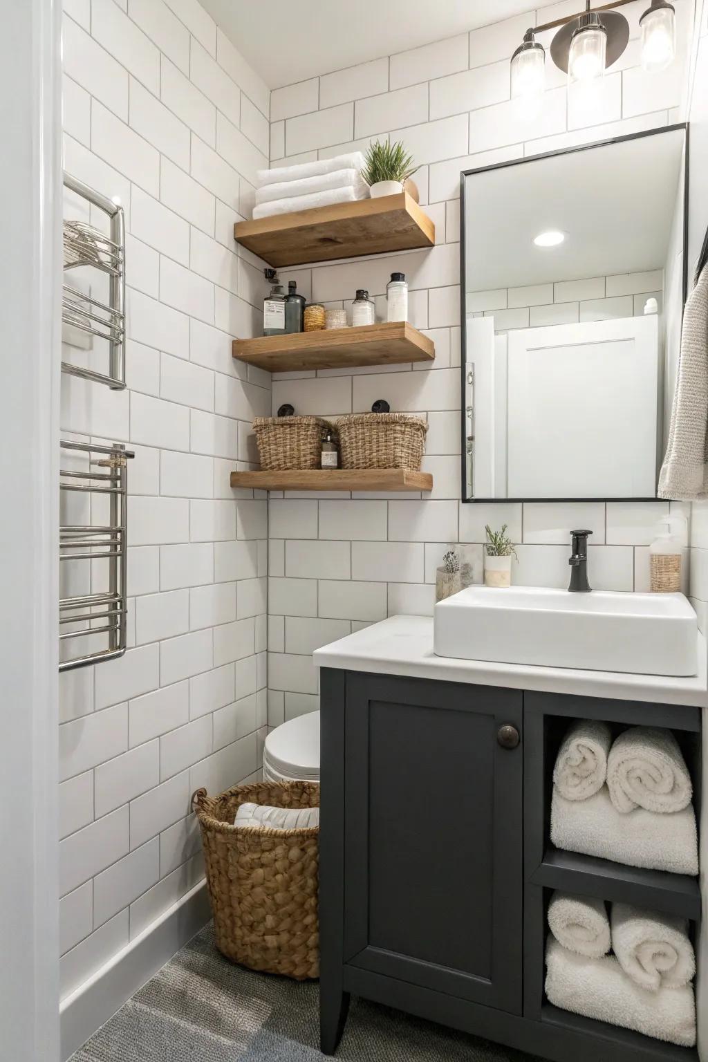 Exposed shelving offers storage solutions while maintaining an airy ambiance.