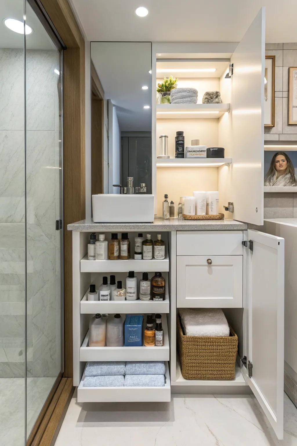 A vanity featuring intelligent storage alternatives that maintains every item in its designated location.