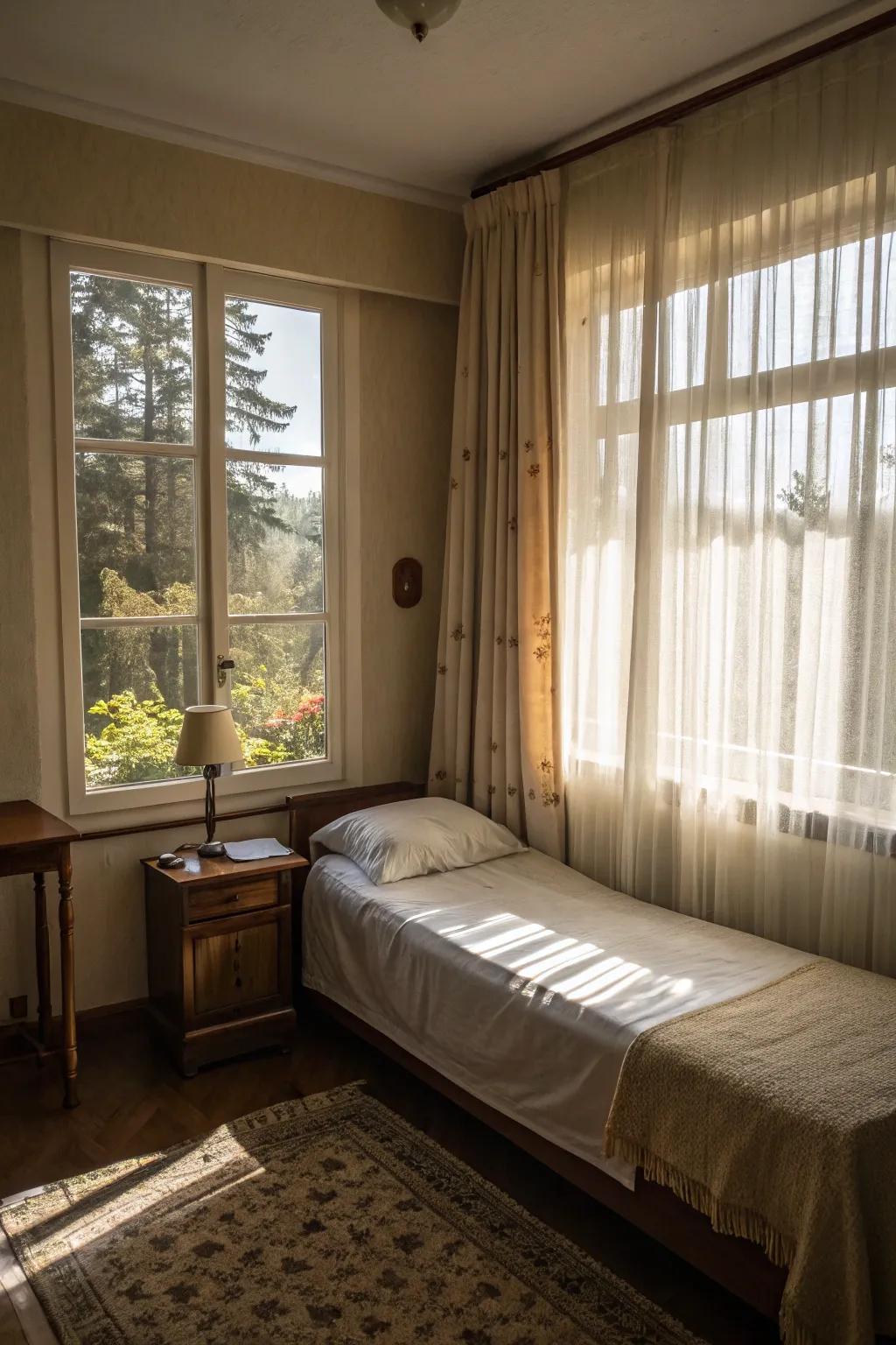 A bright bedroom filled with natural light streaming through sheer curtains.