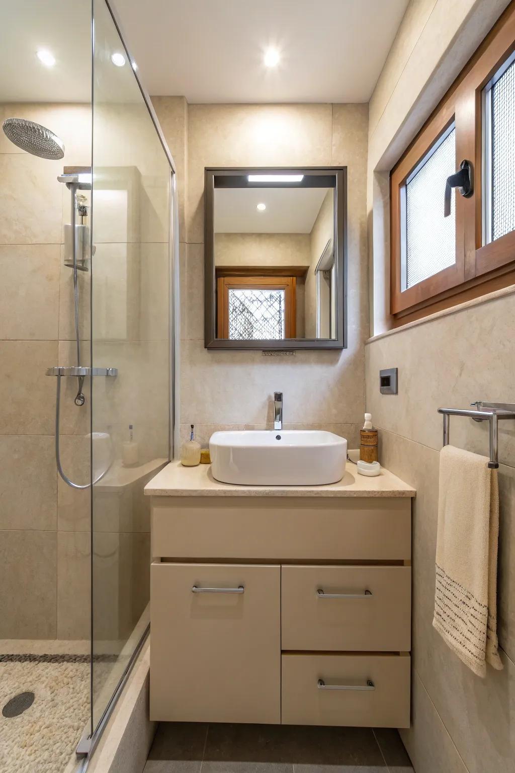 A small bathroom embellished with modern beige fixtures.