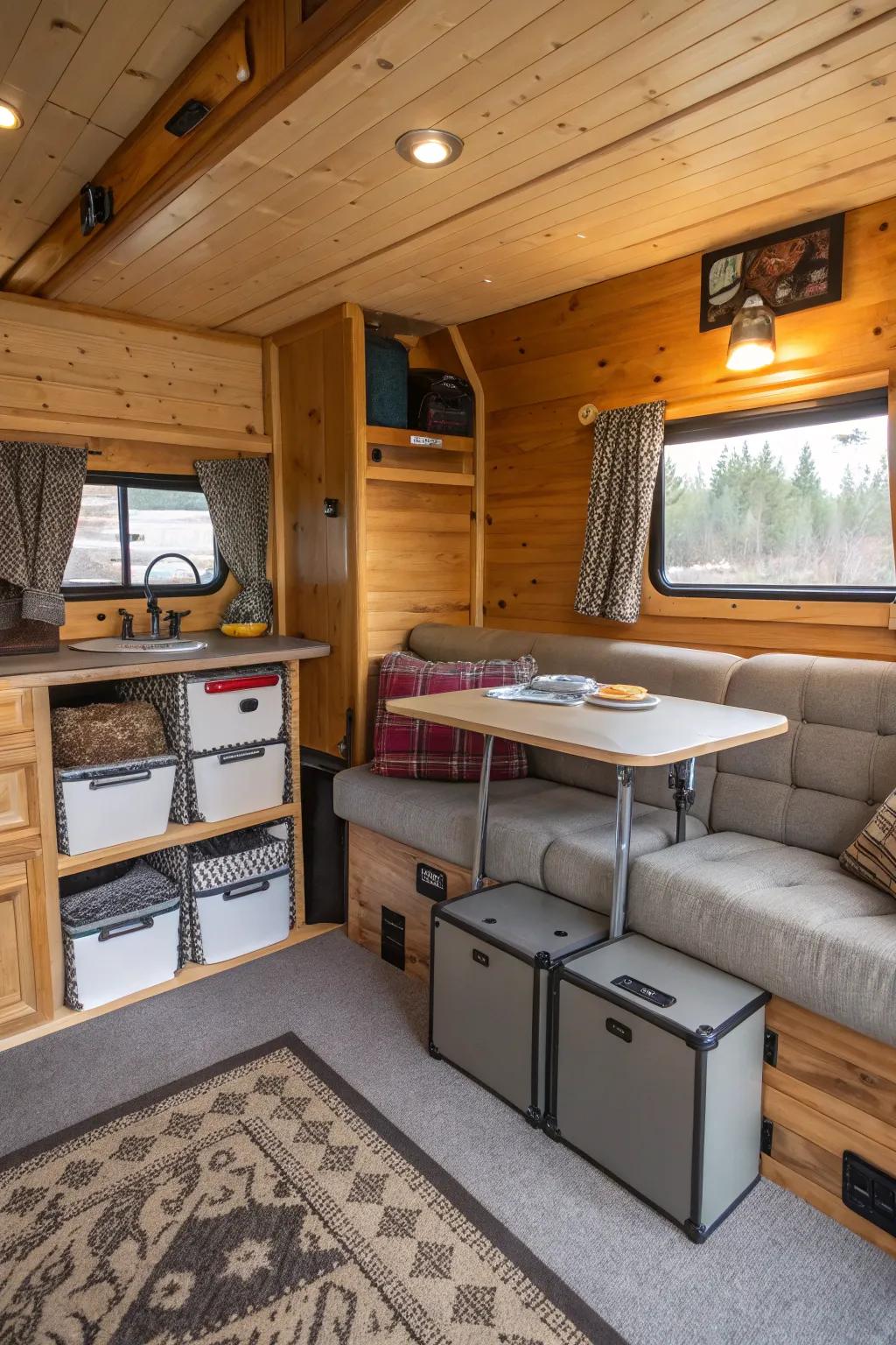 A cabin interior that features versatile furniture that maximizes space.