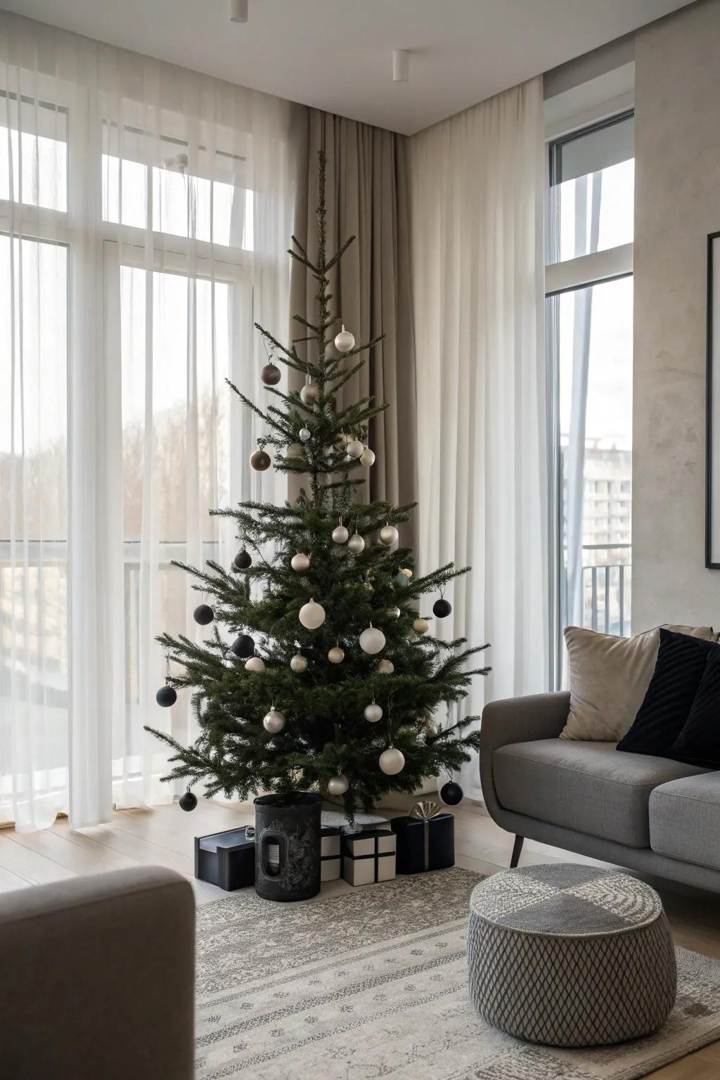 A minimalist small Christmas tree with simple, elegant decorations.