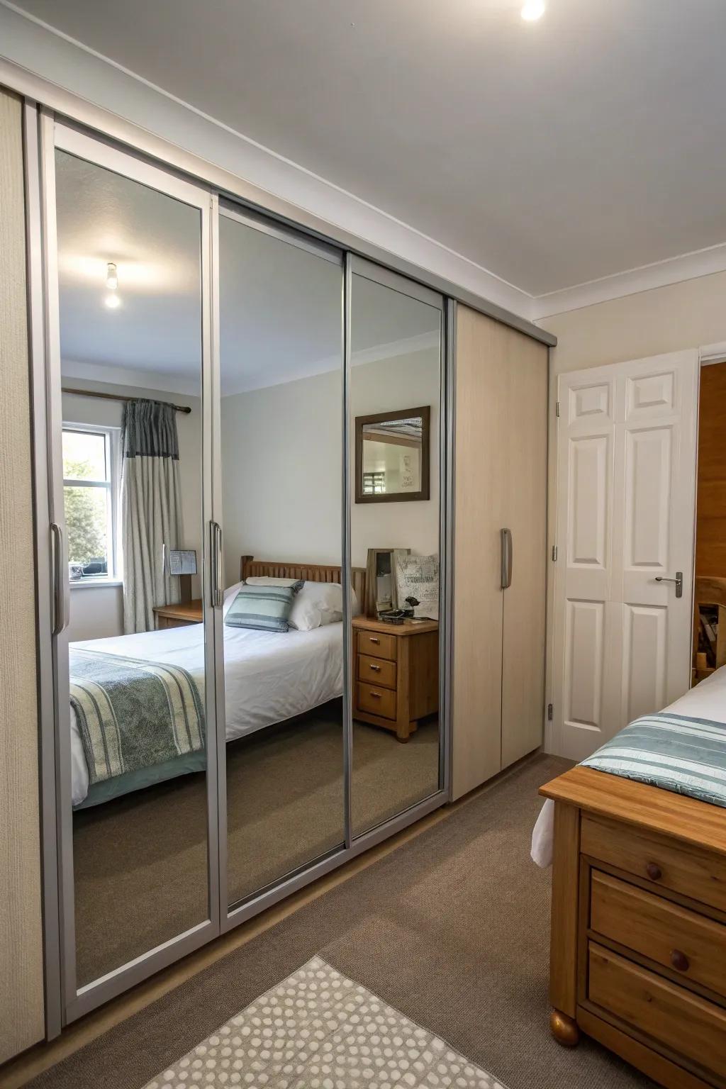 Mirrored doors enhance light and space.