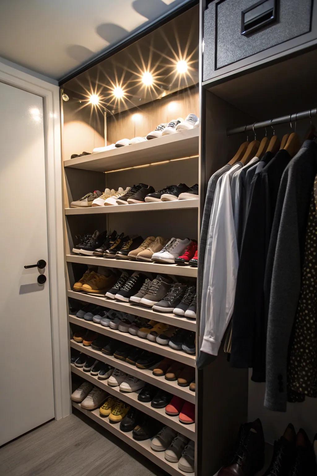 Spotlights draw attention to a neatly arranged collection of footwear.