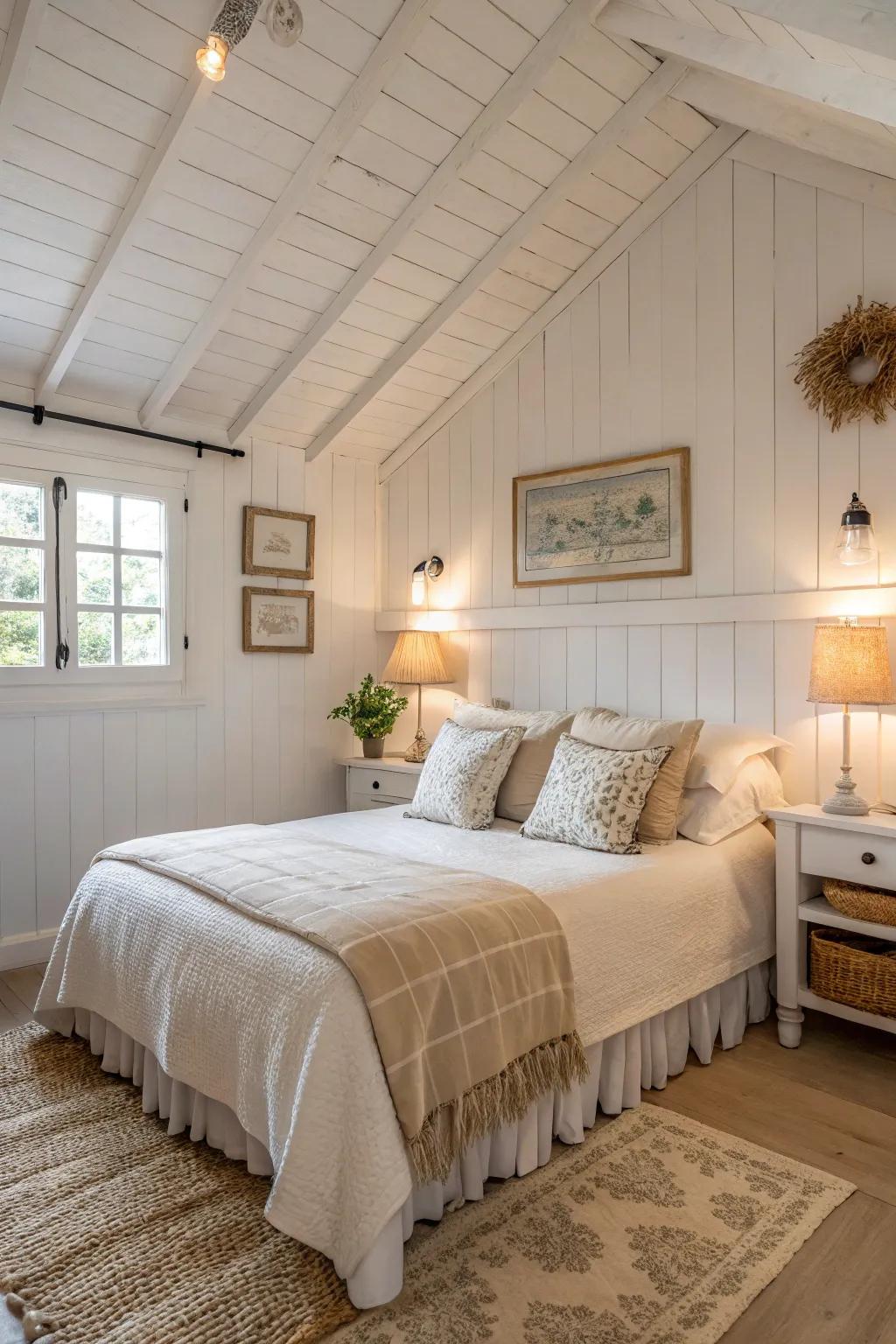 Subdued shades fashion an airy and serene cottage bedroom.