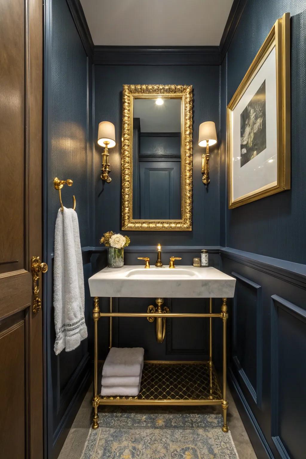 Gold accents inject a hint of luxury into the deep blue bathroom.