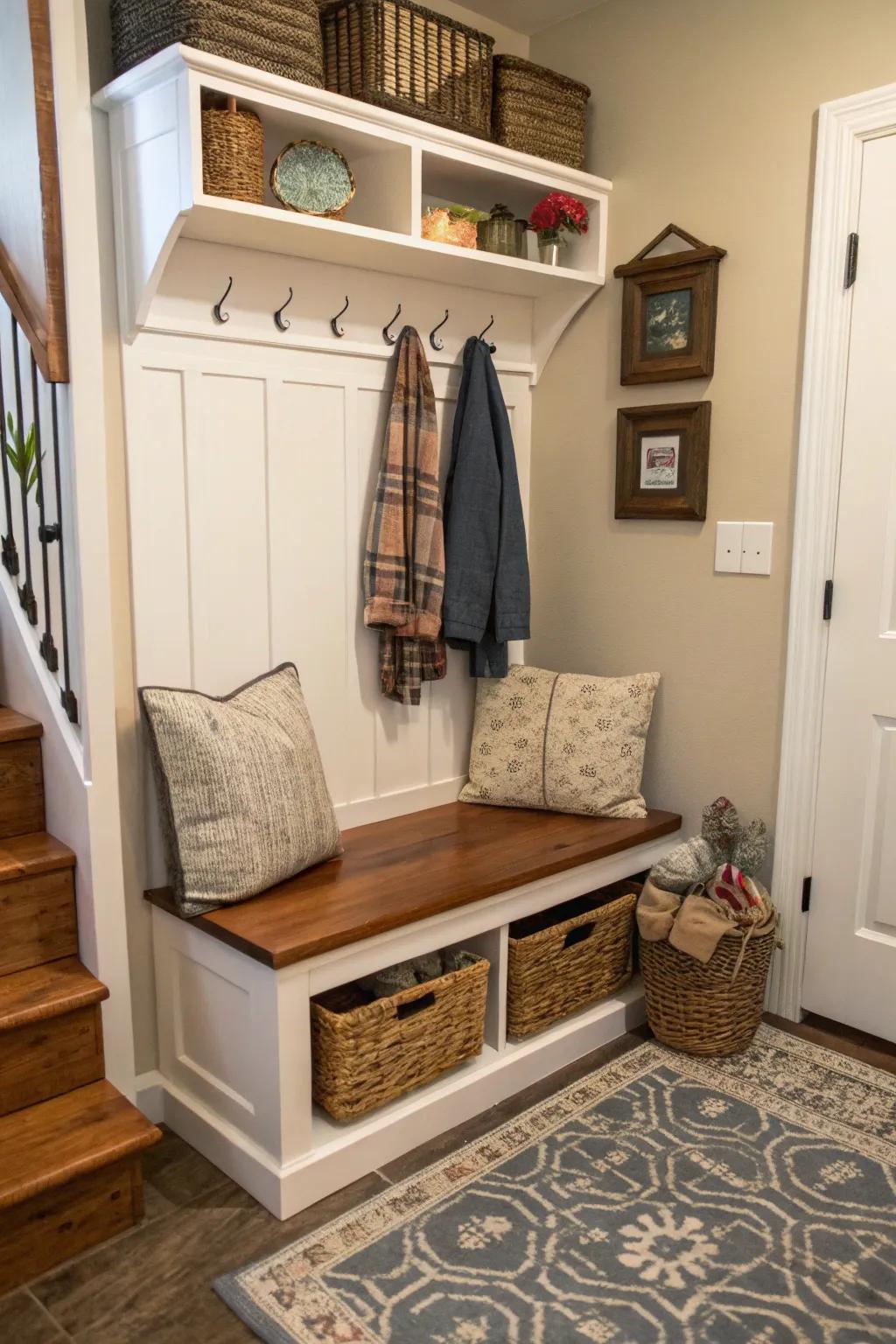 A versatile bench offers seating and storage capabilities.