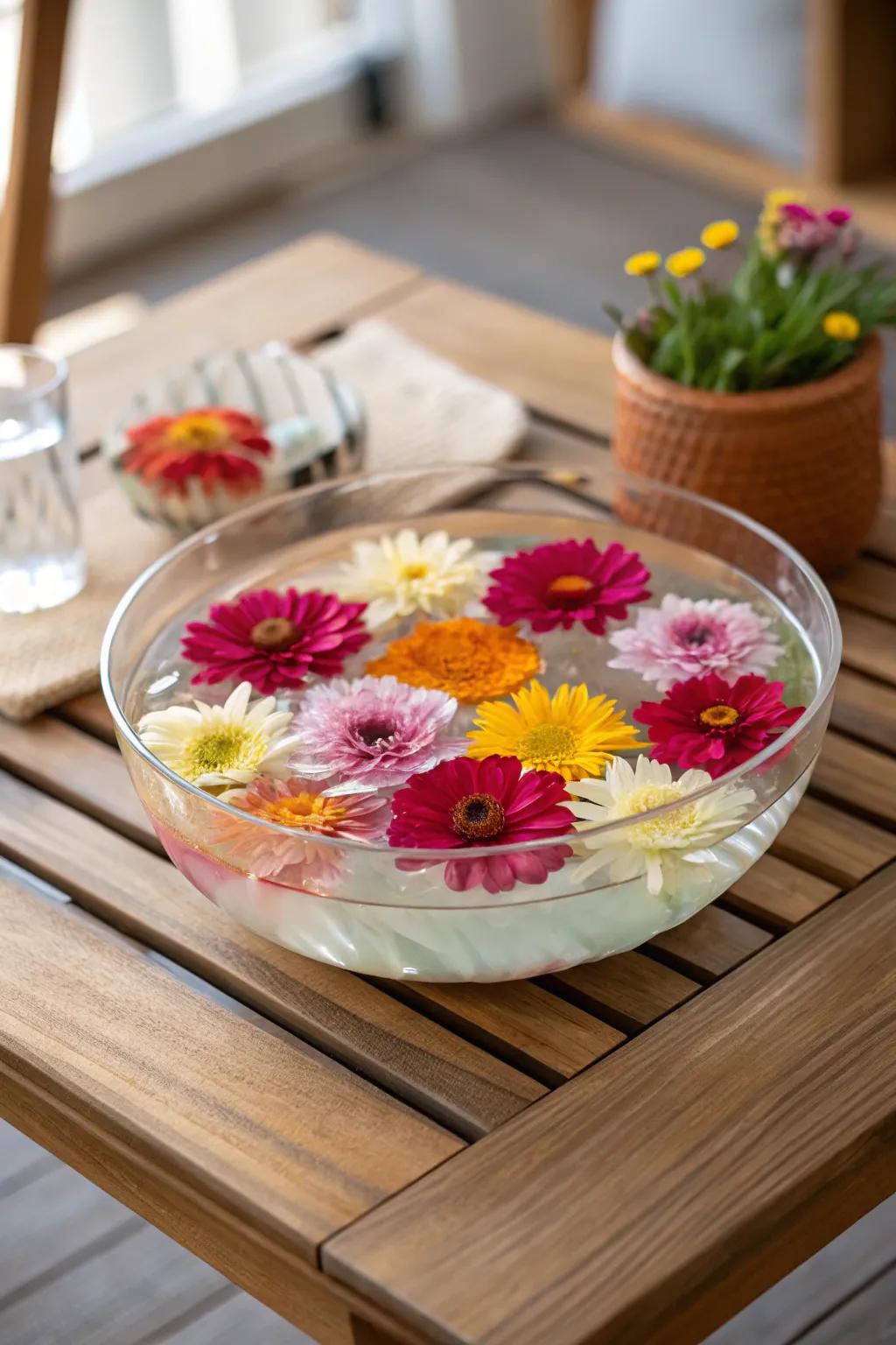 Floating flowers conjure a serene and arresting spectacle.