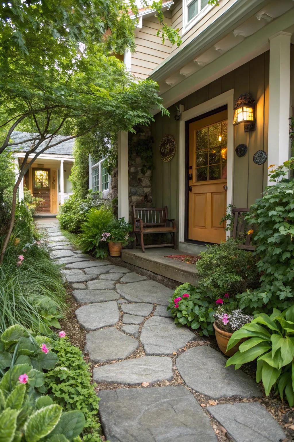 A stone pathway creates an inviting route to the entrance.