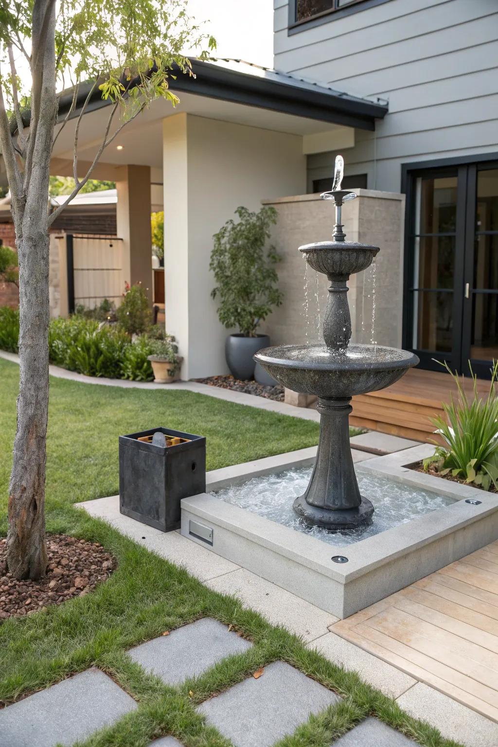 A steel sculpture water feature brings a modern accent.