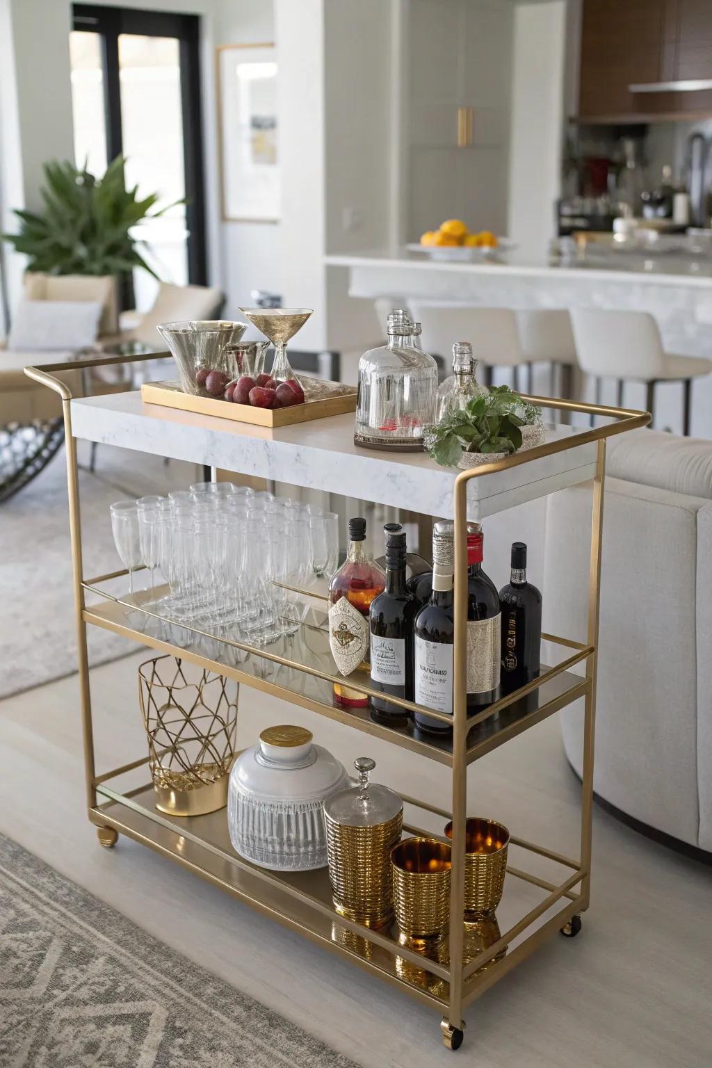 A mobile refreshment station combines practicality with flair, making it great for compact spaces.