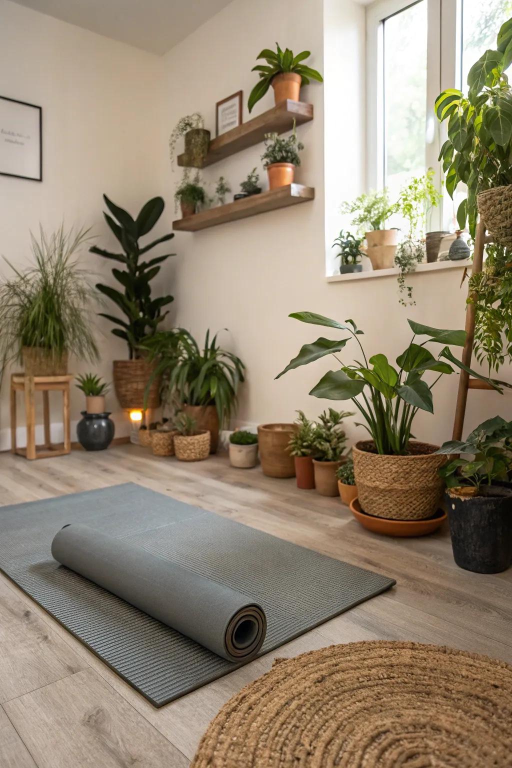 Yoga room corner featuring potted plants for a natural touch.