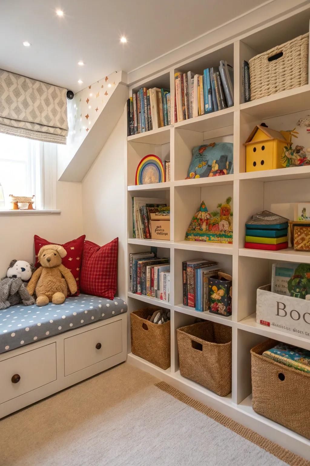 Integrated shelves offer plenty of storage while maintaining the space tidy.