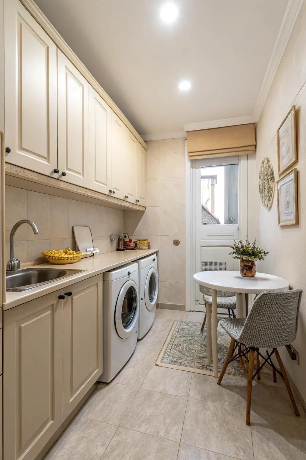 A cohesive small kitchen and laundry space benefit from a light color scheme for a unified appearance.