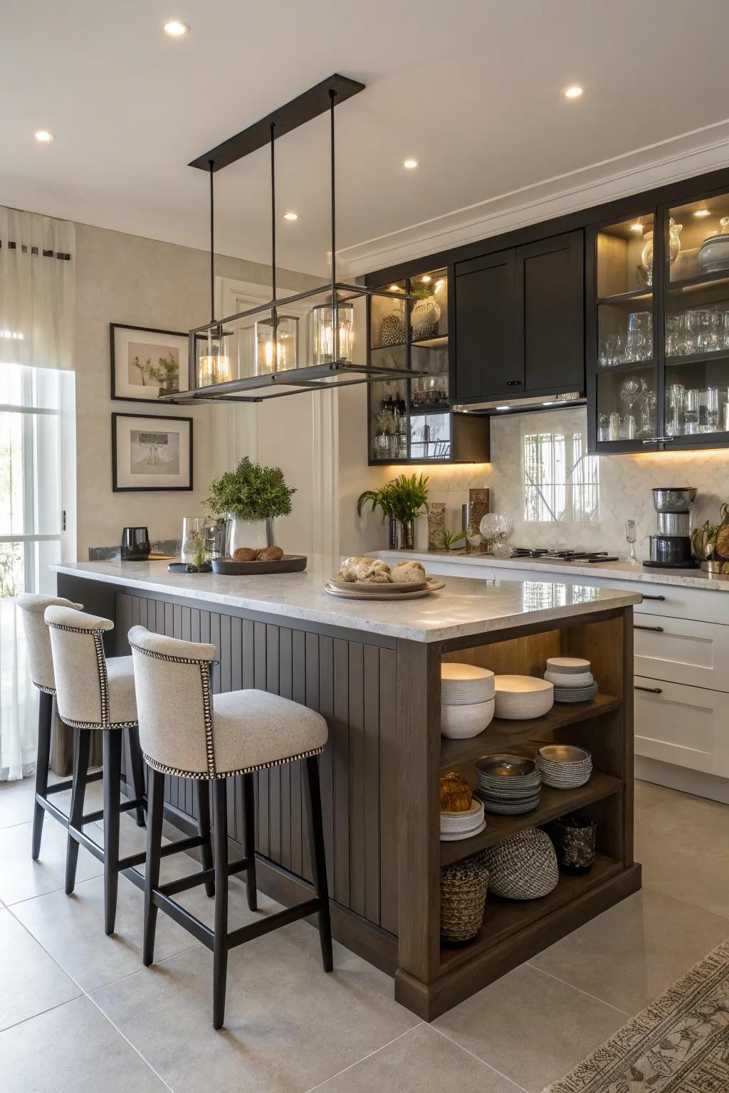 A multi-use kitchen island that functions both as prep space and a dining spot.