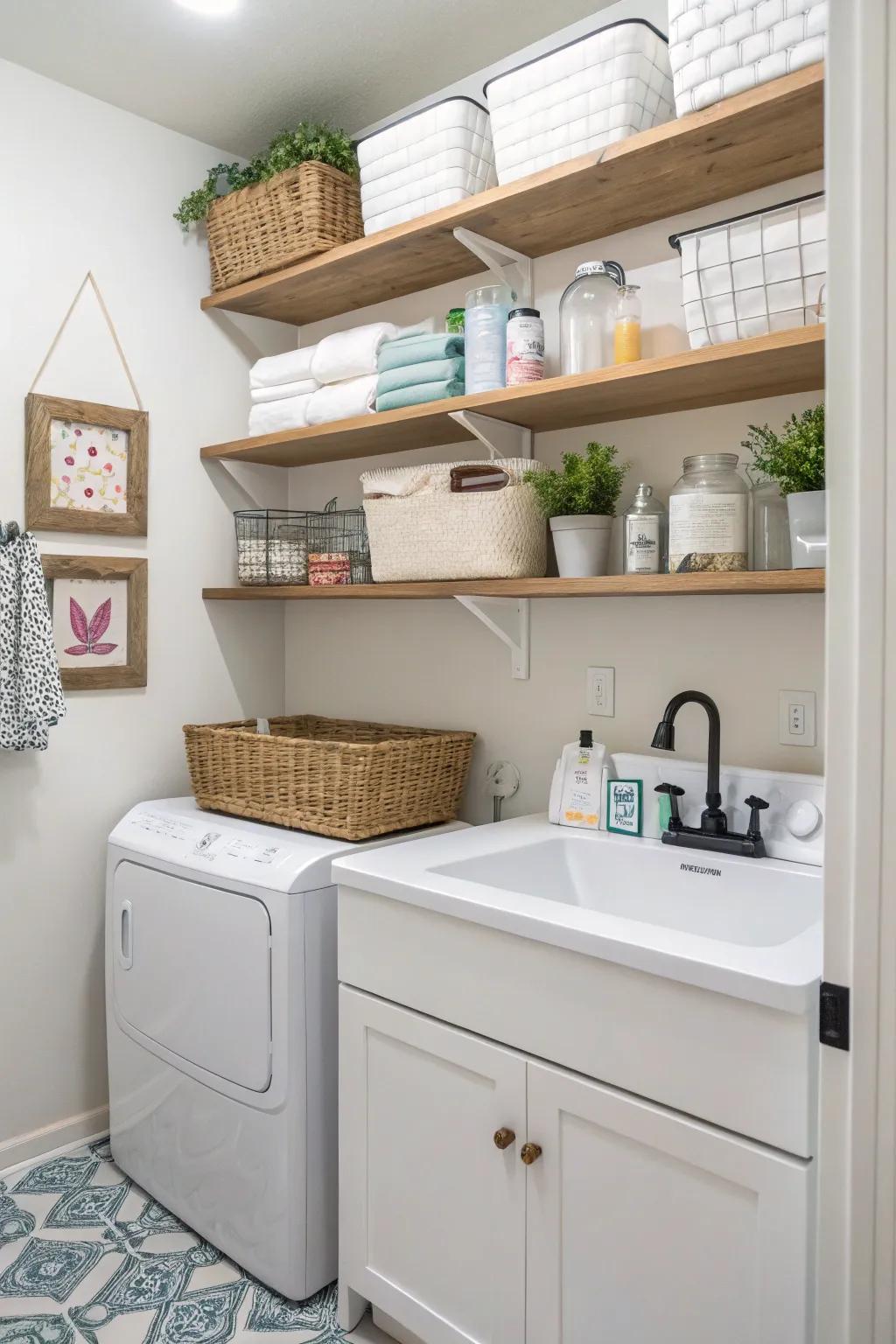 Harness vertical space with chic wall-mounted shelves.