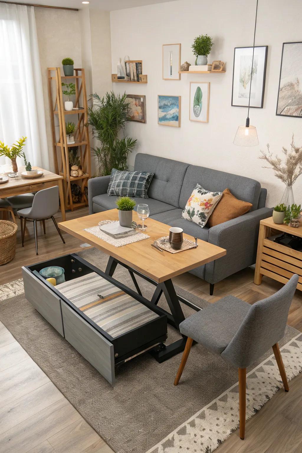 Multi-use furniture maximizing space and utility.