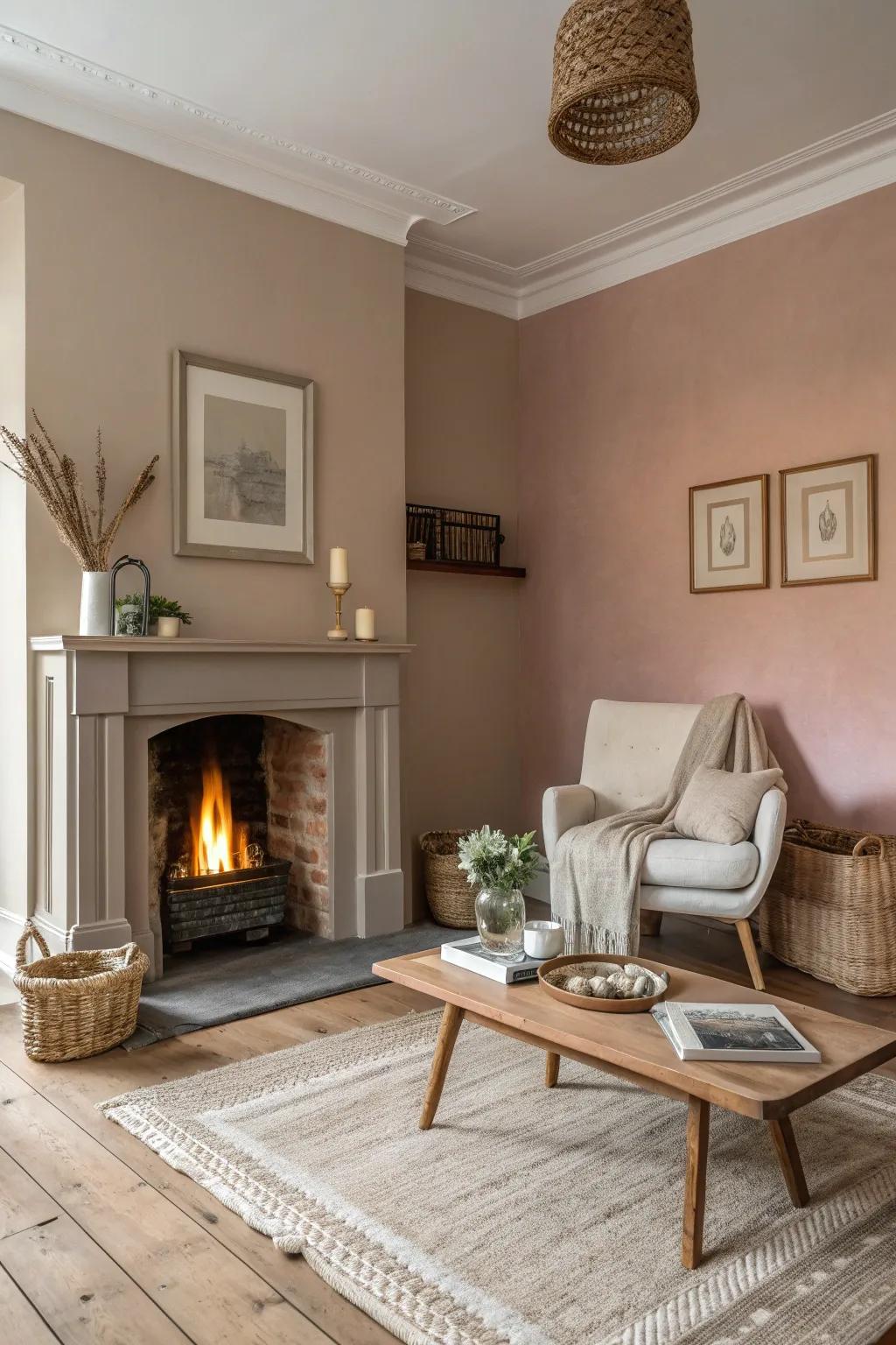 A fireplace with blended colors combines effortlessly with the walls, resulting in a smooth and modern aesthetic.