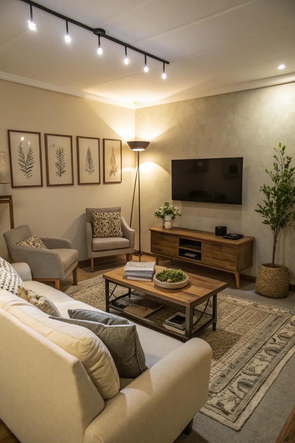 A neutral palette creates a welcoming and spacious ambiance within a compact area.