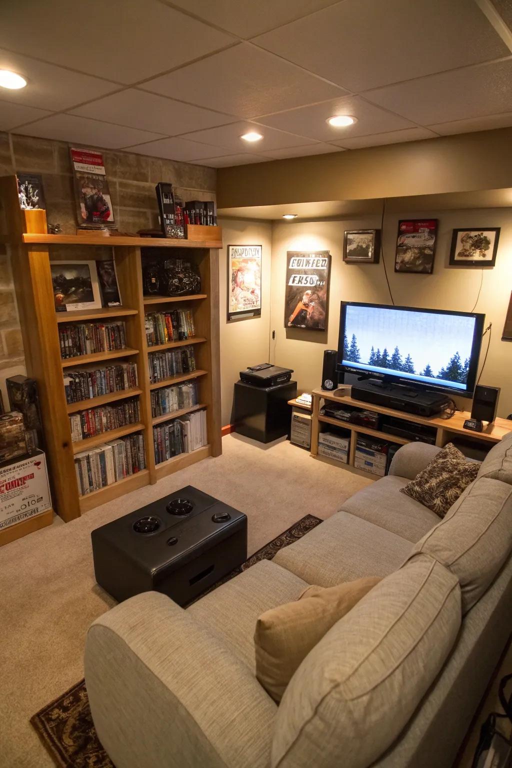 An angular entertainment corner efficiently utilizes area, harmonizing a TV and a gaming console effortlessly.