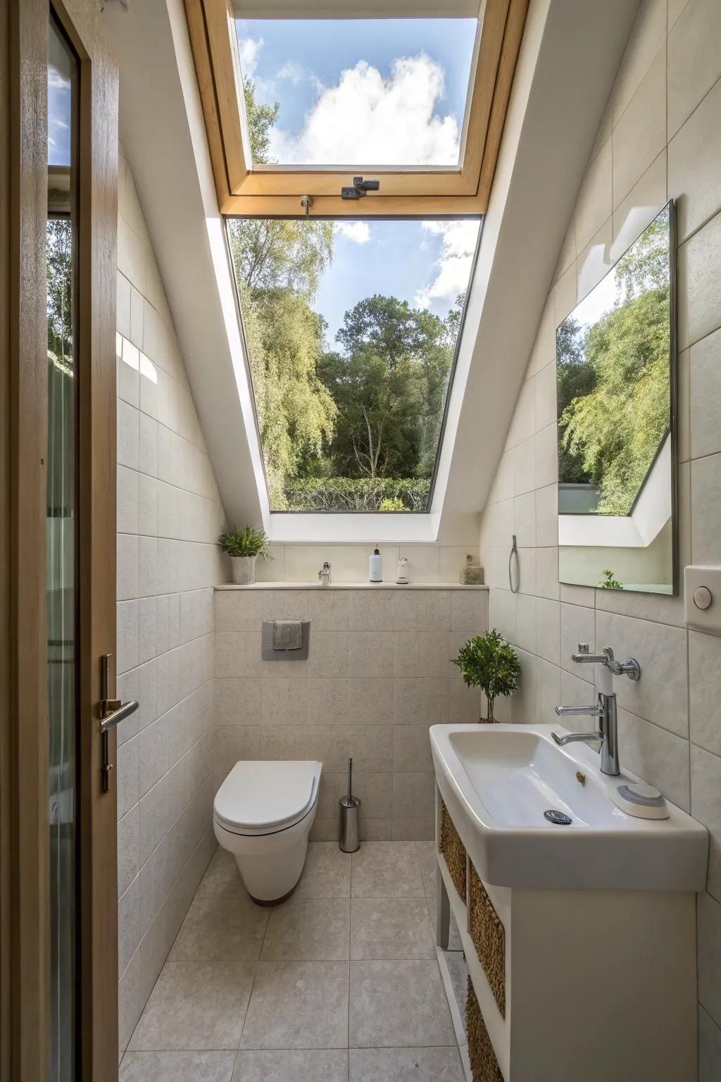 A roof window contributes natural lighting, creating the perception that the bathroom is more spacious.