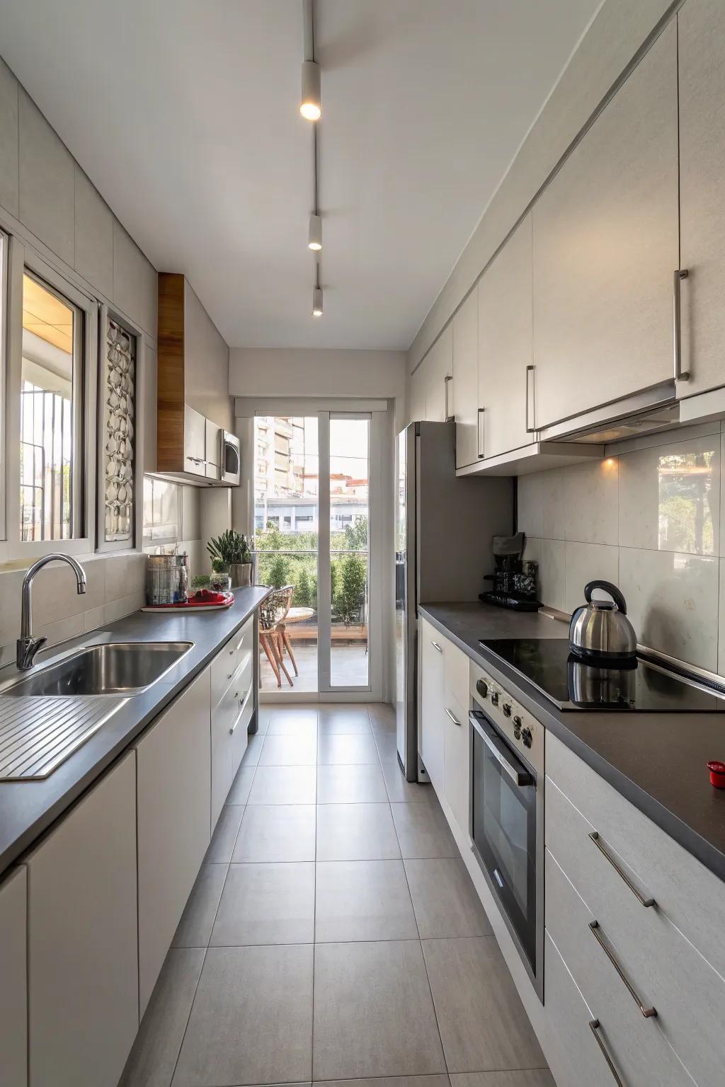An optimized arrangement transforms this narrow cooking area into a useful workspace.