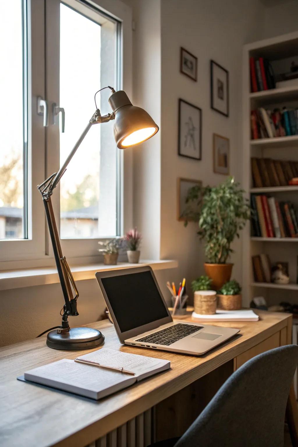A small home office brightened by a desk lamp and ample sunlight.