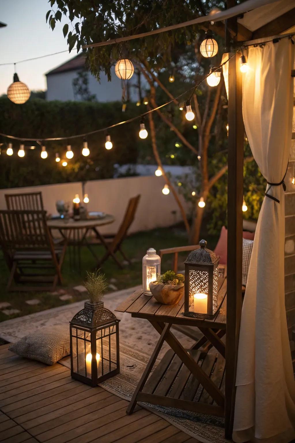 A small patio shining with decorative lights, radiating a welcoming, warm vibe.