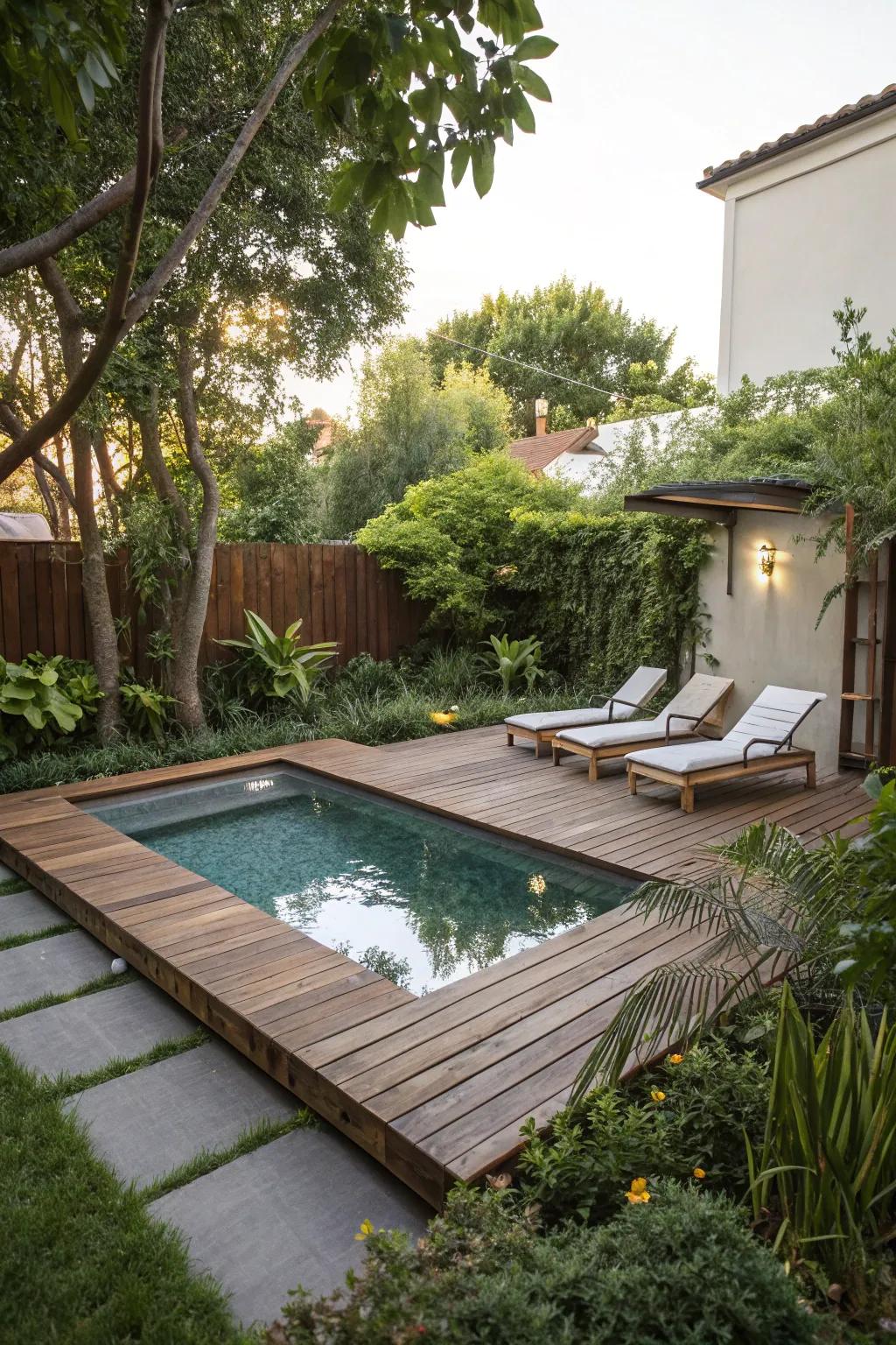 A timber deck merges smoothly with the pool, enhancing the outdoor living space.
