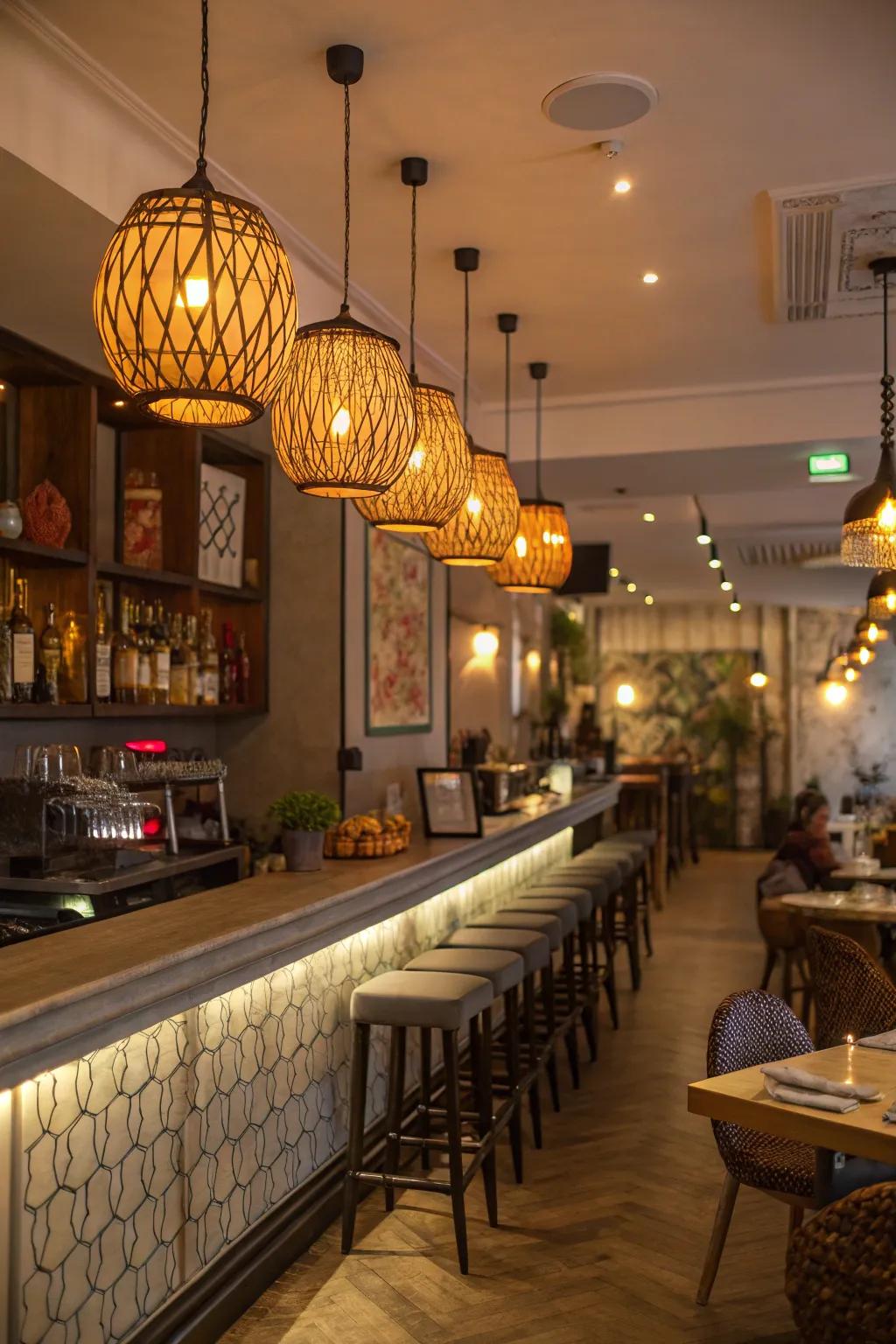 Soft hanging lights creating a captivating atmosphere in a cozy restaurant bar.