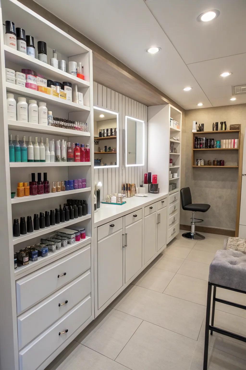 Effective vertical storage options ensure the salon remains clutter-free and spacious.